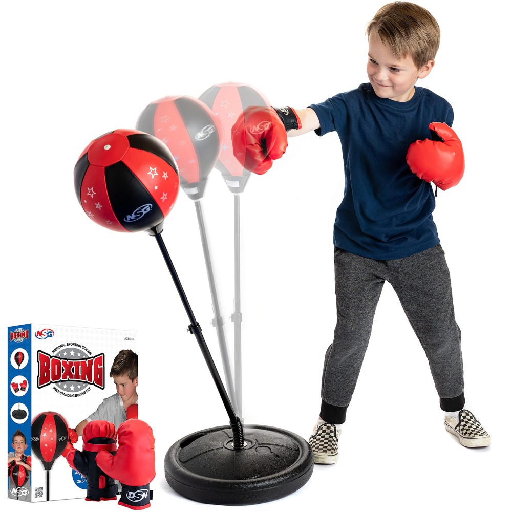 NSG Punching Bag and Boxing Gloves Set for Kids - Freestanding Base Punching Ball with Spring Loaded Height Adjustable Stand, Junior Boxing Gloves, and Hand Pump - Ages 3+ , Red/Black