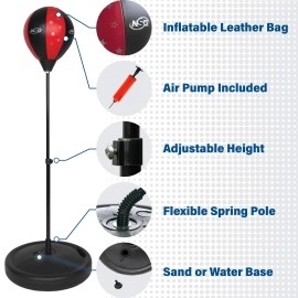 NSG Punching Bag and Boxing Gloves Set for Kids - Freestanding Base Punching Ball with Spring Loaded Height Adjustable Stand, Junior Boxing Gloves, and Hand Pump - Ages 3+ , Red/Black