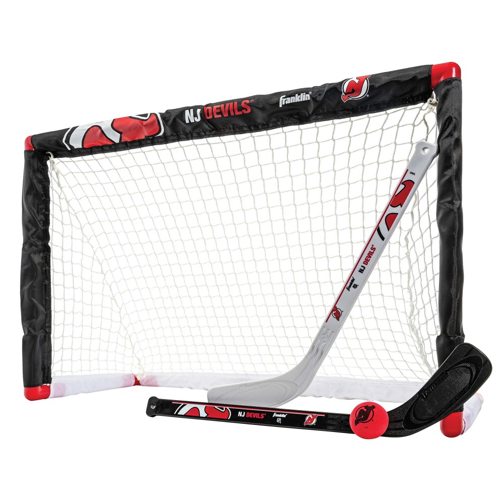 Franklin Sports New Jersey Devils Mini Hockey Set - Knee Hockey Goal, Ball, 2 Hockey Stick Combo Set - Mini Goal Net - Nhl Official Hockey Set , 28 X 20 X 12