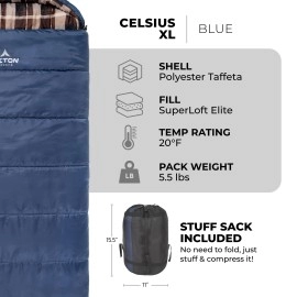 TETON Sports Celsius XL +20F Sleeping Bag; Great for Family Camping; Free Compression Sack