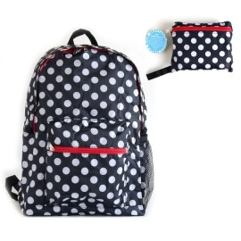 Foldable Backpack Light Weight and Durable, Black & White Polka Dots