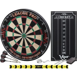 Viper League Pro Regulation Bristle Steel Tip Dartboard Starter Set with Staple-Free Bullseye, Radial Spider Wire, High-Grade Sisal with Rotating Number Ring, Chalk Cricket Scoreboard, Steel Tip Darts