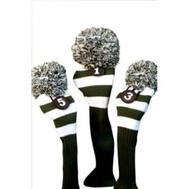 Majek Golf Club Head Covers: Green & White Limited Edition Long Neck Knit Retro Pom Pom Traditional Classic Vintage Old School Ultimate Driver Fairway Wood Golf Head Cover Set Michigan State Colors