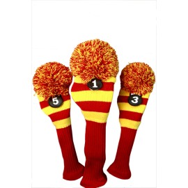 Majek Golf Club Head Covers: Red & Yellow Limited Edition Throwback Long Neck Knit Retro Pom Pom Traditional Classic Vintage Old School Ultimate Driver Fairway Wood Golf Head Cover Set Usc Colors