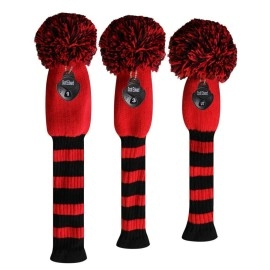 Scott Edward Red Black Strips Golf Pom Pom Headcover Set of 3 for Driver (460cc) Fairway Wood, Hybrid, Rotating Number Tags