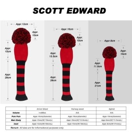 Scott Edward Red Black Strips Golf Pom Pom Headcover Set of 3 for Driver (460cc) Fairway Wood, Hybrid, Rotating Number Tags