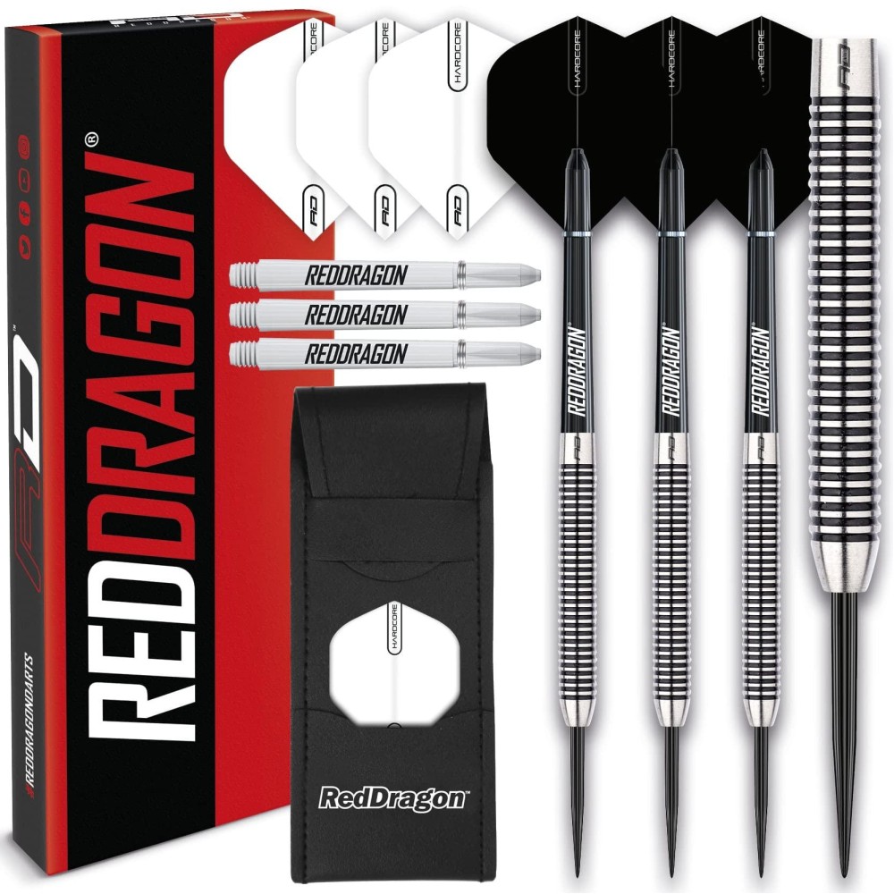 Red Dragon Pegasus Tungsten Steel Darts Set - 30 Gram - Black Shafts, Black Extra Thick Flights And Case