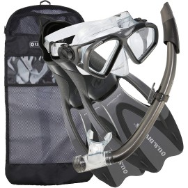 Us Divers Cozumel Seabreeze Adult Snorkeling Combo Set With Adjustable Mask, Snorkel, Mediumlarge Fins (8-95), And Travel Bag, Gray Set Cozumel Dx Dark Black Ml