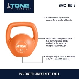 Tone Fitness Vinyl Kettlebell, 15-Pound, Orange