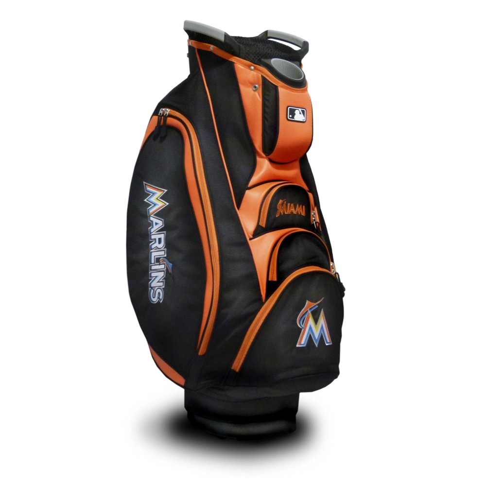 Team Golf MLB Miami Marlins Victory Golf Cart Bag, 10-way Top with Integrated Dual Handle & External Putter Well, Cooler Pocket, Padded Strap, Umbrella Holder & Removable Rain Hood