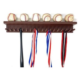 Baseball Bat Rack and Ball Holder Display Meant to Hold 17 Mini Size Collectible Bats and 6 Baseballs Brown
