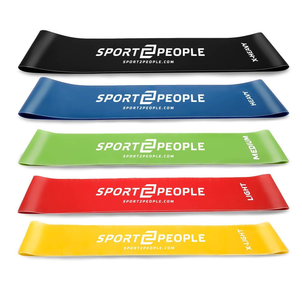 sport2people Set of 5 Exercise Resistance Loop Bands with 2 Workout E-Books for Strength Training and Physical Therapy - Fitness Mini Loops for Booty, Hips and Legs