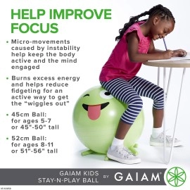 Gaiam Kids Stay-N-Play Children's Balance Ball - Flexible School Chair Active Classroom Desk Alternative Seating | Built-In Stay-Put Soft Stability Legs, Includes Air Pump, 45cm, Lime