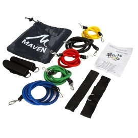 Thinkfast Rugged: Deluxe Resistance Band Set. Includes: Door Anchor, Exercise Guide, 2 Ankle Straps, 2 Soft Grip Handles, Unique Metal Easy-Clip System, Carrying Case, and 5 1200mm Resistance Bands