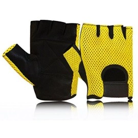 Prime Sports Leather MESH Fingerless Weight Lifting Exercise Gym Wheelchair Gloves Black/Yellow WLG-021 (Medium)