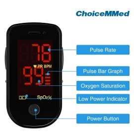 ChoiceMMed Black Finger Pulse Oximeter - Blood Oxygen Saturation Monitor Great as SPO2 Pulse Oximeter - Portable Oxygen Sensor with Included Batteries - O2 Saturation Monitor with Carry Pouch