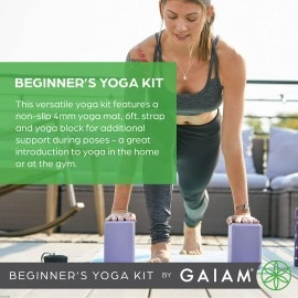 Gaiam Beginner's Yoga Starter Kit Set (Yoga Mat, Yoga Block, Yoga Strap) - Light 4mm Thick Printed Non-Slip Exercise Mat for Everyday Yoga - Includes 6ft Yoga Strap & Yoga Brick - Purple