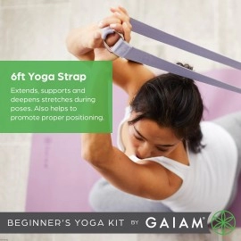 Gaiam Beginner's Yoga Starter Kit Set (Yoga Mat, Yoga Block, Yoga Strap) - Light 4mm Thick Printed Non-Slip Exercise Mat for Everyday Yoga - Includes 6ft Yoga Strap & Yoga Brick - Purple