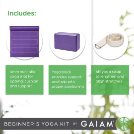 Gaiam Beginner's Yoga Starter Kit Set (Yoga Mat, Yoga Block, Yoga Strap) - Light 4mm Thick Printed Non-Slip Exercise Mat for Everyday Yoga - Includes 6ft Yoga Strap & Yoga Brick - Purple