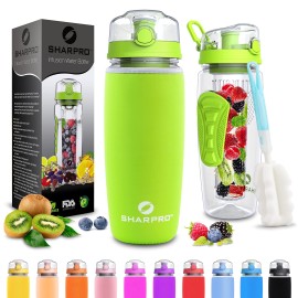 Sharpro 32 oz. Infuser Water Bottles - Featuring a Full Length Infusion Rod, Flip Top Lid, Dual Hand Grips (Energy Green)