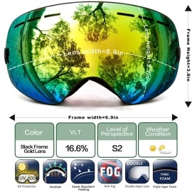 Juli Ski Goggles,Winter Snow Sports Snowboard Goggles With Anti-Fog Uv Protection Interchangeable Spherical Dual Lens For Men Women & Youth Snowmobile Skiing Skating Gold