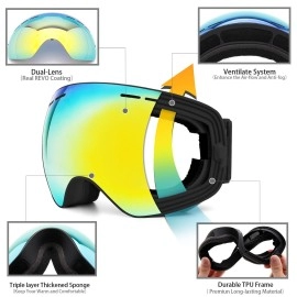 Juli Ski Goggles,Winter Snow Sports Snowboard Goggles With Anti-Fog Uv Protection Interchangeable Spherical Dual Lens For Men Women & Youth Snowmobile Skiing Skating Gold