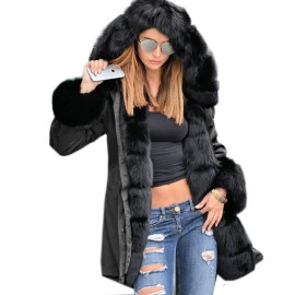 Roiii Women Thicken Warm Winter Coat Hood Parka Overcoat Long Jacket Outwear,Black,X-Large