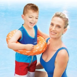 SwimSchool Deluxe Swim Trainer - Heavy Duty Toddler Swim Vest Floatie - Comfortable Sweater-Fit Design with Adjustable Safety Seat - Berry/Blue