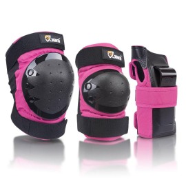 Jbm International Adult / Child Knee Pads Elbow Pads Wrist Guards 3 In 1 Protective Gear Set, Pink, Youth / Child