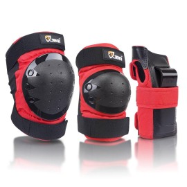 JBM international Adult / Child Knee Pads Elbow Pads Wrist Guards 3 In 1 Protective Gear Set, Red, Adult