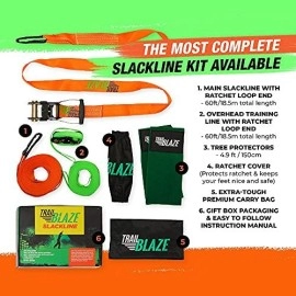 Trailblaze - Complete Slackline Kit 60 Feet, Kids Beginners Slackline Set With Training Line, Ratchet Cover, Tree Protectors, Arm Trainer, Carry Bag, Box And Instruction Manual
