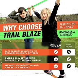Trailblaze - Complete Slackline Kit 60 Feet, Kids Beginners Slackline Set With Training Line, Ratchet Cover, Tree Protectors, Arm Trainer, Carry Bag, Box And Instruction Manual