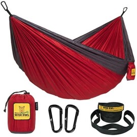 Wise Owl Outfitters Hammock For Camping Double Hammocks Gear For The Outdoors Backpacking Survival Or Travel - Portable Lightweight Parachute Nylon Do Red & Charcoal