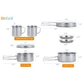 BeGrit Backpacking Camping Cookware Mini Picnic Camping Cooking Mess Kit with Pot and Pan Set for Hiking 8pcs Set