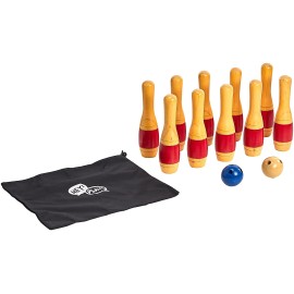 Lawn Bowling Game/Skittle Ball- Indoor and Outdoor Fun for Toddlers, Kids, Adults -10 Wooden Pins, 2 Balls, and Mesh Bag Set by Hey! Play! (11 Inch)