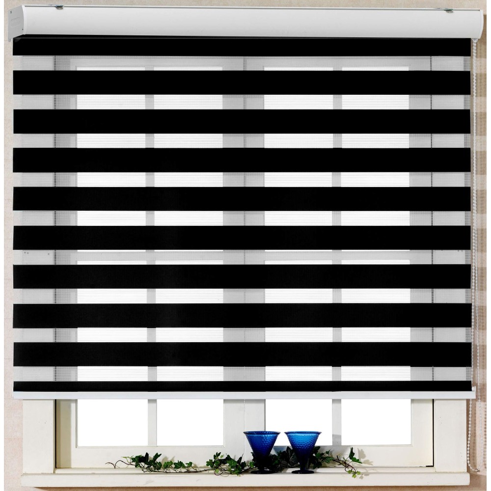 Custom Cut To Size, Foiresoft Basic, Black, W 27 X H 64 Inch] Zebra Roller Blinds, Dual Layer Shades, Sheer Or Privacy Light Control, Day And Night Window Drapes, 10 To 110 Inch Wide