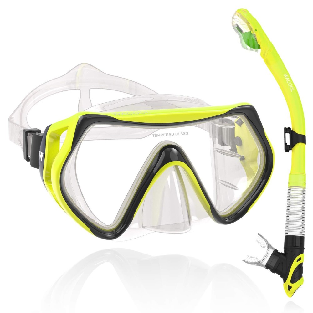 Wacool Professional Snorkeling Snorkel Diving Scuba Package Set With Anti-Fog Coated Glass Purge Valve And Anti-Splash Silicon Mouth Piece For Men Women (Adults,Yellow)