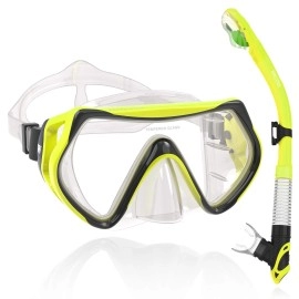 Wacool Professional Snorkeling Snorkel Diving Scuba Package Set With Anti-Fog Coated Glass Purge Valve And Anti-Splash Silicon Mouth Piece For Men Women (Adults,Yellow)