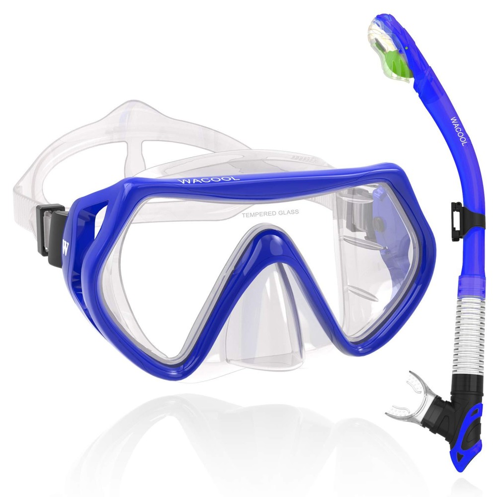 Wacool Professional Snorkeling Snorkel Diving Scuba Package Set With Anti-Fog Coated Glass Purge Valve And Anti-Splash Silicon Mouth Piece For Men Women (Adults,Blue)