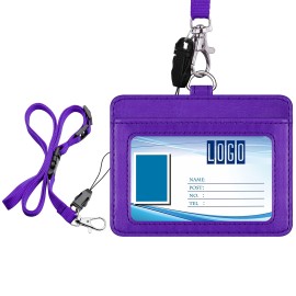 Wisdompro 2-Sided Pu Leather Id Badge Holder With 1 Id Window And 1 Card Slot And 1 Piece 23 Inch Adjustable Polyester Detachable Neck Lanyard Strap (Holds 3 To 4 Cards)- Purple (Horizontal)