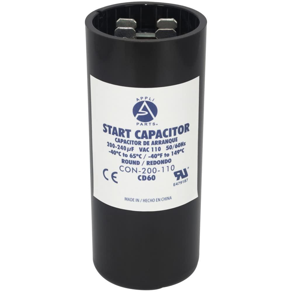 Appli Parts Motor Start Capacitor 200-240 Mfd (Microfarads) Uf 110-125 Vac Universal Fit For Electric Motor Applications 1-716 In Diameter 3-38 In Height Con-200-110