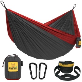 Wise Owl Outfitters Hammock For Camping Double Hammocks Gear For The Outdoors Backpacking Survival Or Travel - Portable Lightweight Parachute Nylon Do Charcoal & Red