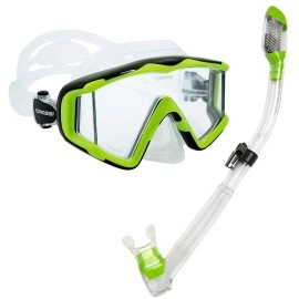 Cressi Panoramic Wide View 3 Panel Mask Dry Snorkel Set, Lime Greenclear Silicone