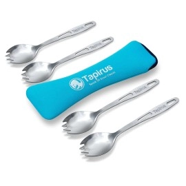 Tapirus Stainless Steel Classic Sporks Set of 4 - Save Space When Camping, Hiking or Backpacking - Heavy Duty Fire Proof Metal Tool - Long Handle, Reusable and Extra Light for Travel - with Case