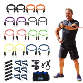 Bodylastics Resistance Band Set, 16 Resistance Bands for Working Out, Exercise Bands with Handles & Gym Ankle Straps, Stackable Workout Bands, Up to 568 lbs, Patented Clips & Snap Reduction Tech