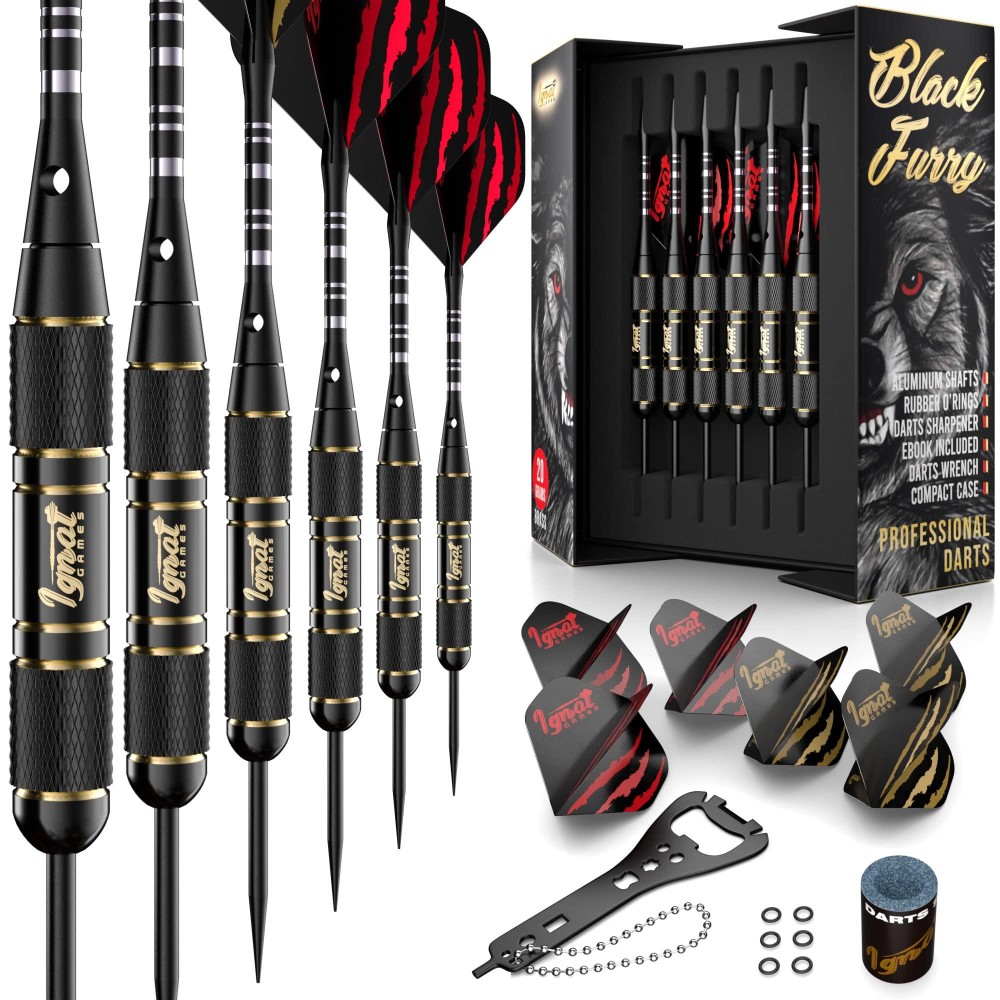 Ignatgames Darts Metal Tip Set - Professional Darts With Stylish Case And Darts Guide, Steel Tip Darts Set With Aluminum Shafts Rubber Orings Extra Flights Dart Sharpener And Wrench