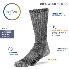 FUN TOES Socks for Men, 3 Pairs Durable Thermal Insulated 80% Merino Wool Socks Strong Warm Hiking Socks for Winter, Washable Boot Socks, Perfect for Indoor or Outdoor Sports (Black)