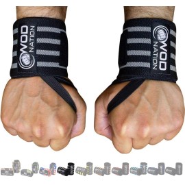 Wod Nation Wrist Wraps Wrist Support Straps (12, 18 Or 24) - Fits Both Men Women - Strength Training, Weightlifting, Powerlifting - Lift Heavier Weight (24 Inch - Blackgrey)