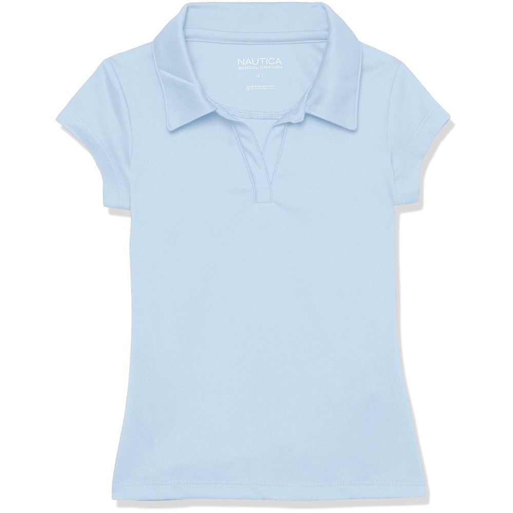 Nautica Girls Little School Uniform Short Sleeve Polo Shirt, Button Closure, Moisture Wicking Performance Material, Fade Resistant, Light Blue, 6