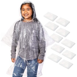 Juvale 10-Pack Disposable Rain Ponchos For Kids, Individually Wrapped, Bulk, Clear Plastic Raincoats With Hood For Emergency, One Size For Children, Boys And Girls, Transparent